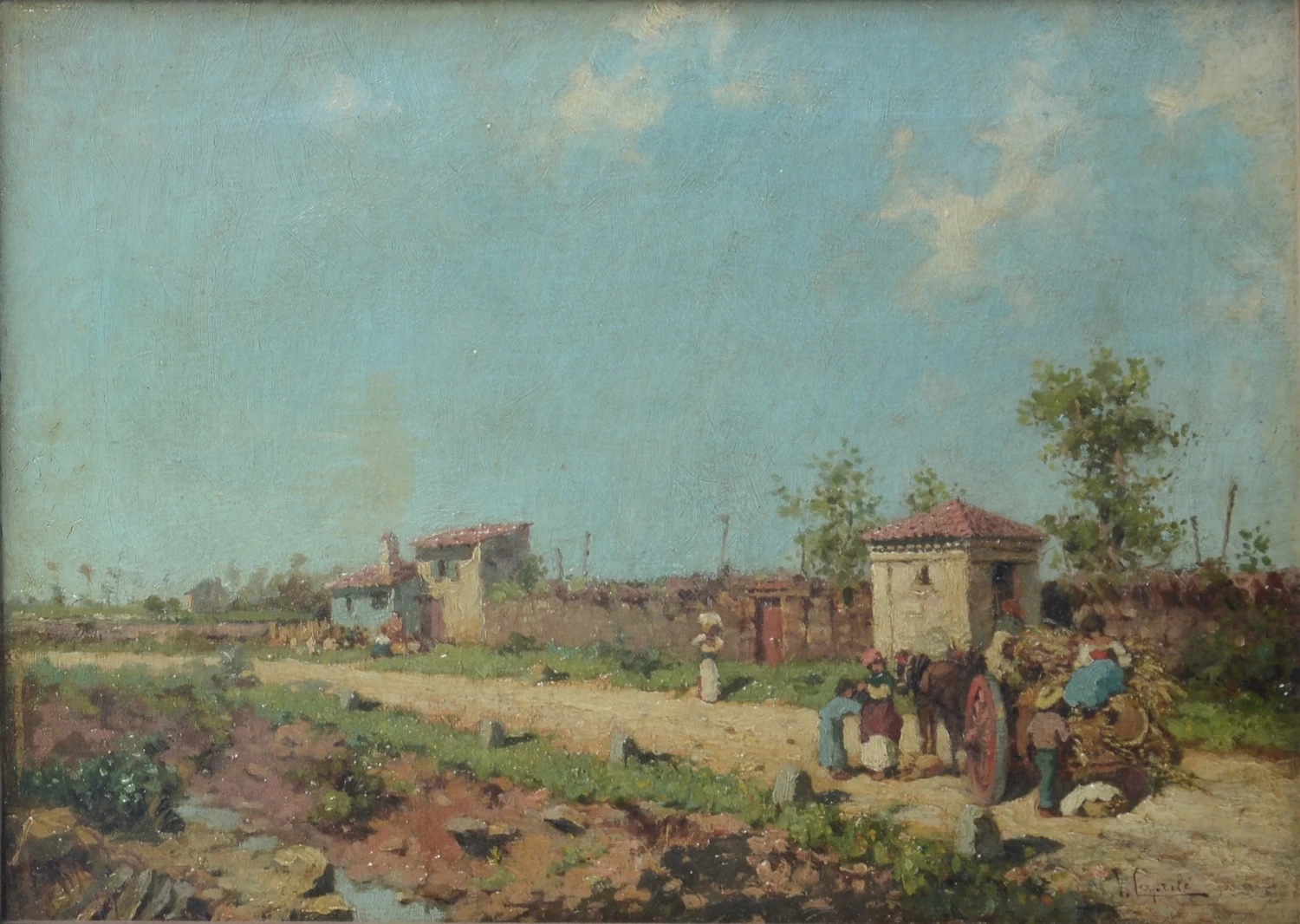 Paesaggio con carro e contadini